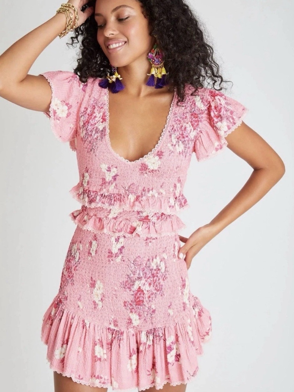LoveShackFancy Pink Floral Mini Dress